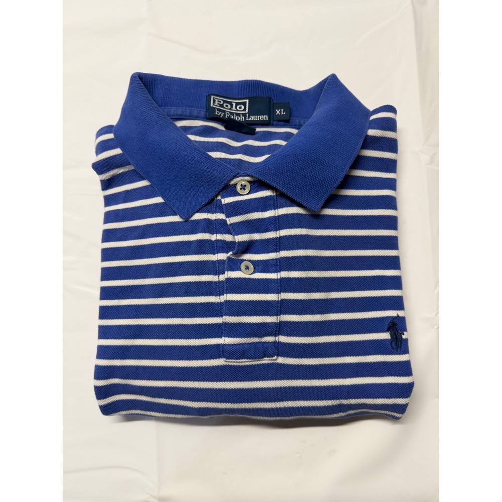 Polo Ralph Lauren Mens XL Blue White Striped Short Sleeve Cotton Pique Polo‎